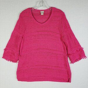 NWOT Chico's Hot Pink Sweater Tunic Crochet Open Knit Frayed size M